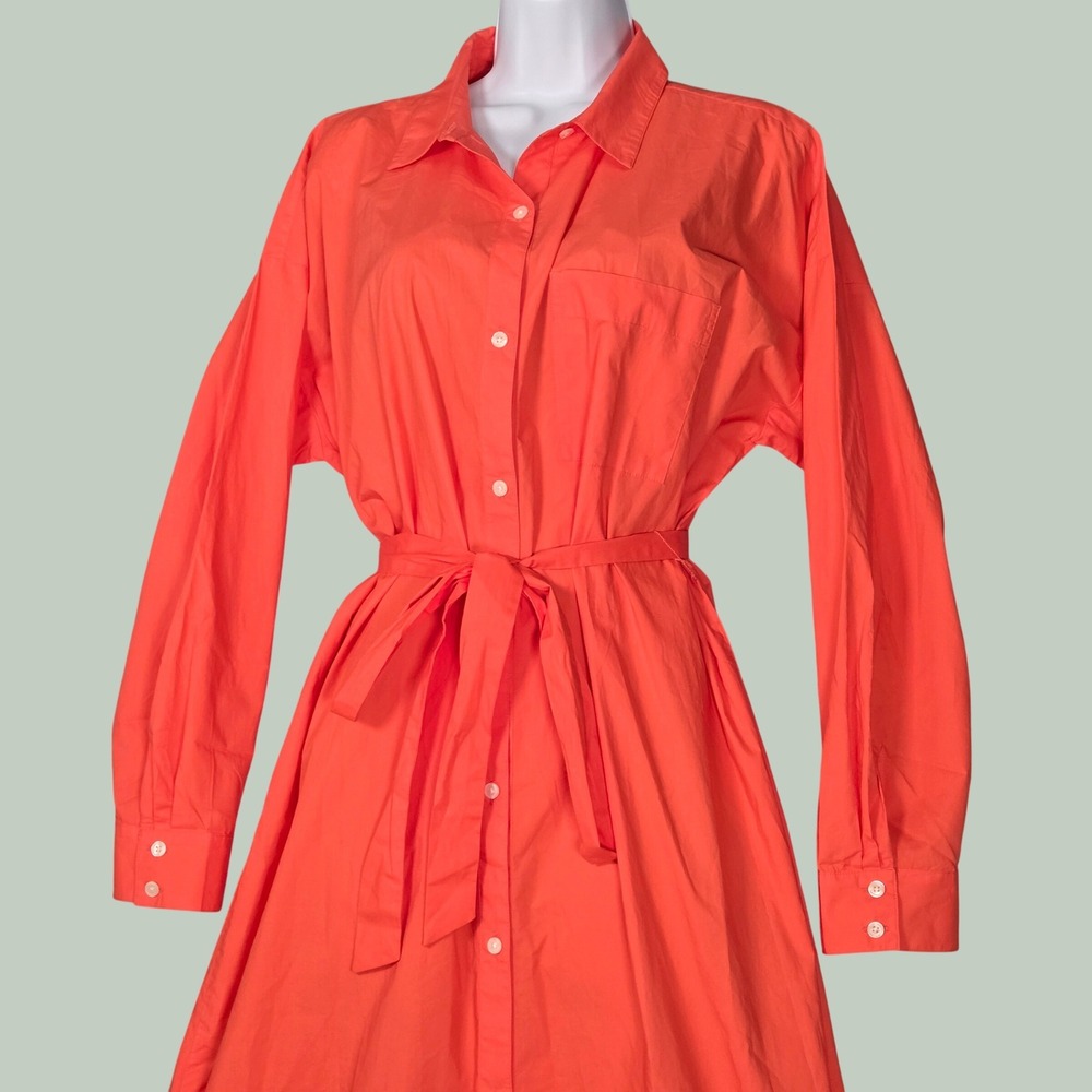 LOFT NEW Womens Large Poplin Belted Pocket Shirt Dress Nectar Orange Maxi